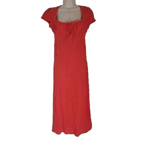NEW FREE PEOPLE FREE-EST NATALYA SMOCKED COTTON WARM RED RUCHED MIDI DRESS SZ XS - Picture 2 of 10